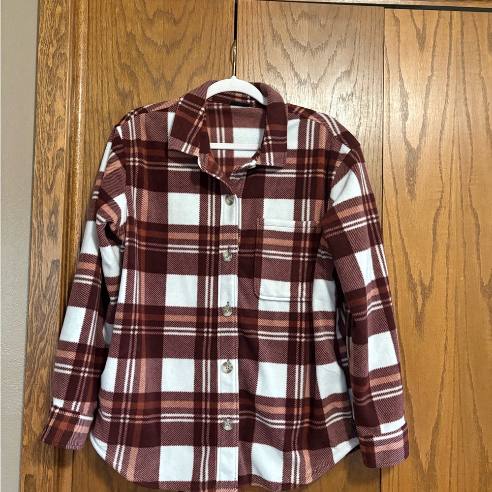 Eddie Bauer Women’s Plaid Shirt Jacket - Burgundy and White